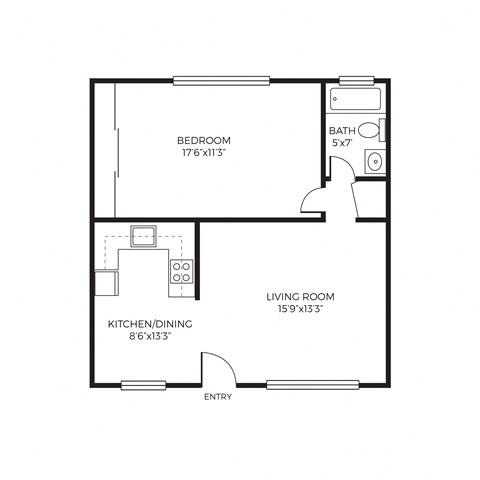 Floor plan for 1 bed, 1 bath, 610 sqft